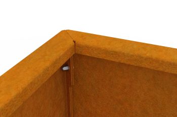 Bliski pogled na kut metalne žardinjere Flamula s prikazom jednostavne montaže sa bočnim vijcima.