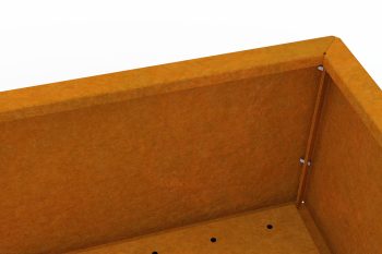 Bliski pogled na kut metalne žardinjere Flamula s prikazom jednostavne montaže sa bočnim vijcima.